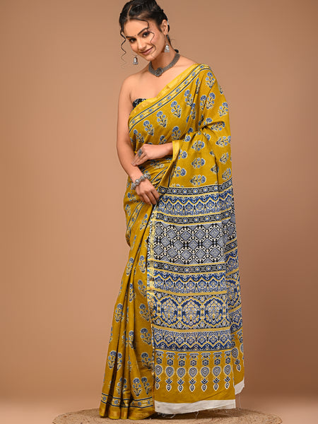 Lovwear Mustard Naveen Motif Cotton MulMul Saree with Zari Border - Fabric Texture View