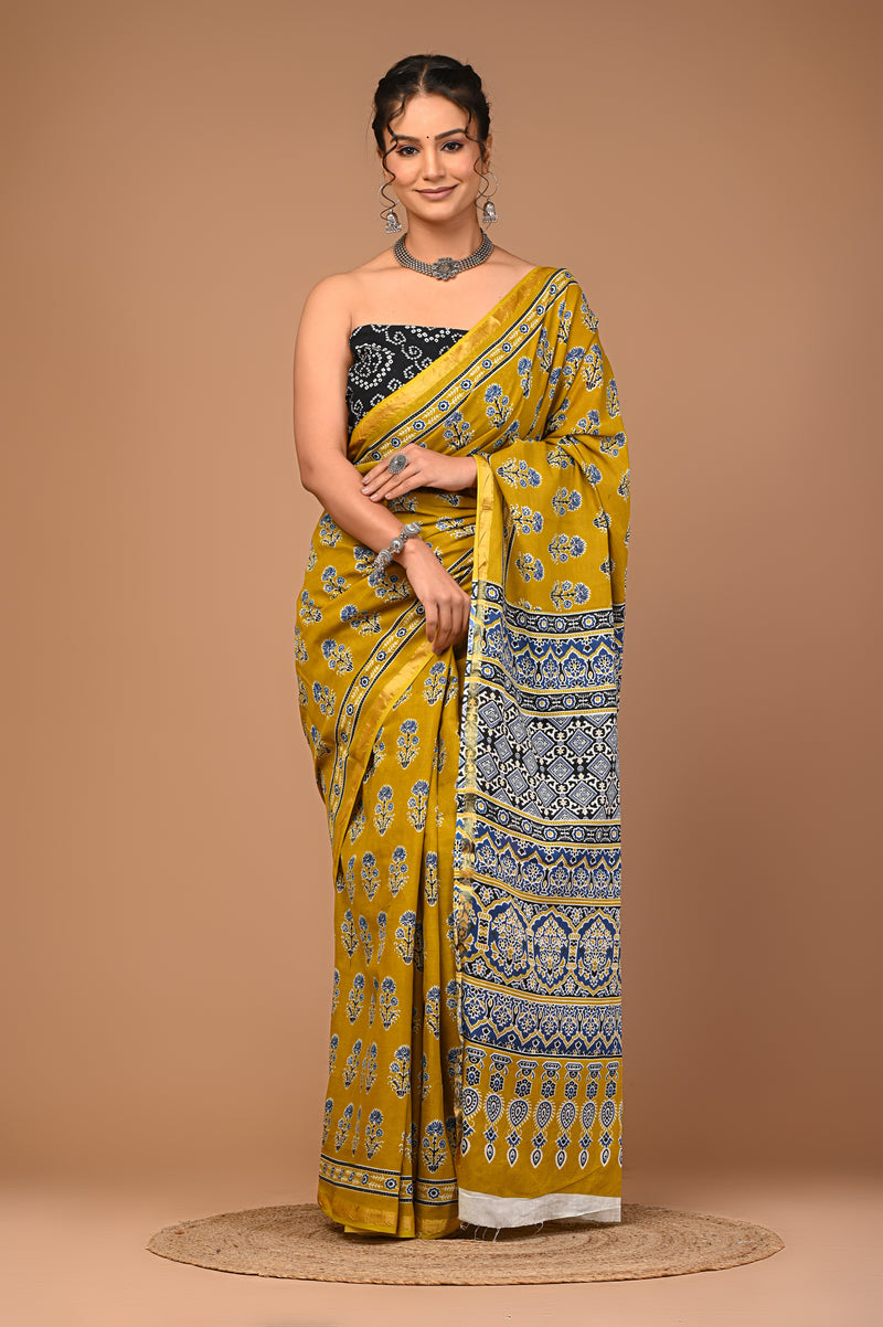 Lovwear Mustard Naveen Motif Cotton MulMul Saree with Zari Border - Pleats & Full Length View