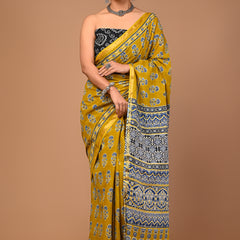 Lovwear Mustard Naveen Motif Cotton MulMul Saree with Zari Border - Pleats & Full Length View