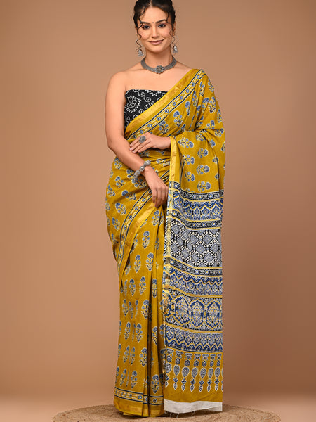 Lovwear Mustard Naveen Motif Cotton MulMul Saree with Zari Border - Pleats & Full Length View