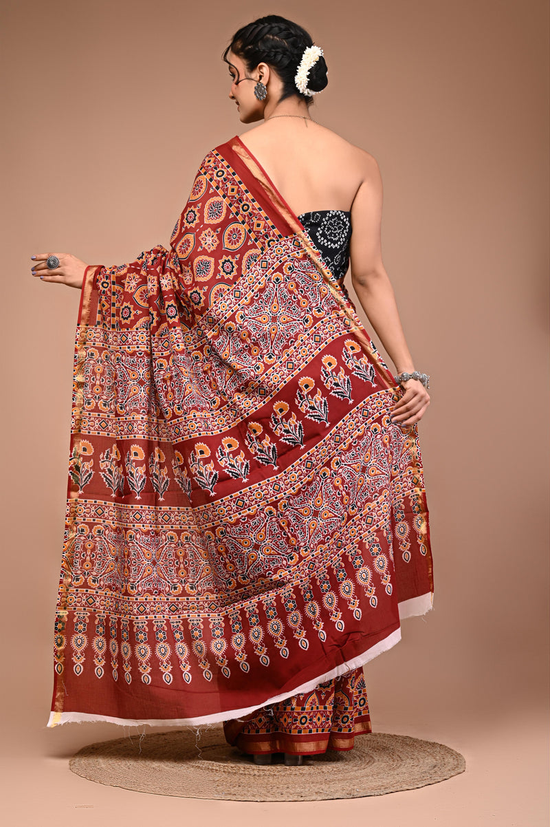 Lovwear Maroon Ajrakh Multi Cotton MulMul Saree with Zari Border - Front View