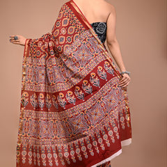 Lovwear Maroon Ajrakh Multi Cotton MulMul Saree with Zari Border - Front View