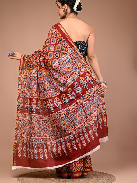 Lovwear Maroon Ajrakh Multi Cotton MulMul Saree with Zari Border - Front View