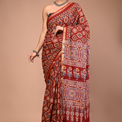 Lovwear Maroon Ajrakh Multi Cotton MulMul Saree with Zari Border - Pallu & Border Detail View