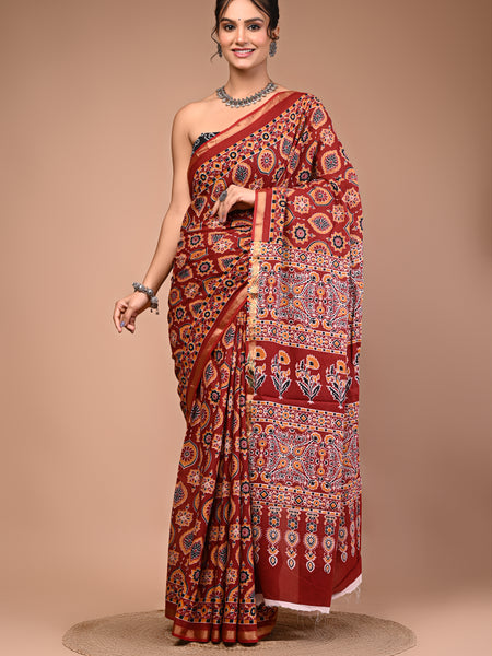 Lovwear Maroon Ajrakh Multi Cotton MulMul Saree with Zari Border - Pallu & Border Detail View