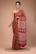 Lovwear Maroon Ajrakh Multi Cotton MulMul Saree with Zari Border