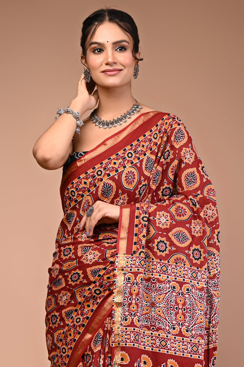 Lovwear Maroon Ajrakh Multi Cotton MulMul Saree with Zari Border - Fabric Texture View