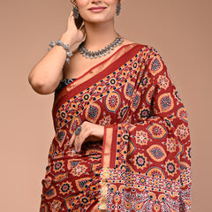 Lovwear Maroon Ajrakh Multi Cotton MulMul Saree with Zari Border - Fabric Texture View