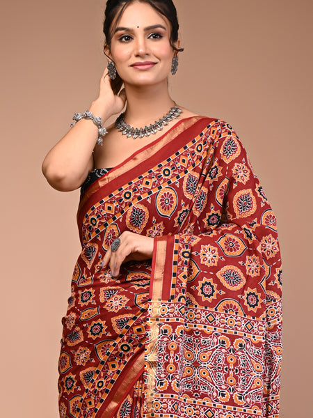 Lovwear Maroon Ajrakh Multi Cotton MulMul Saree with Zari Border - Fabric Texture View
