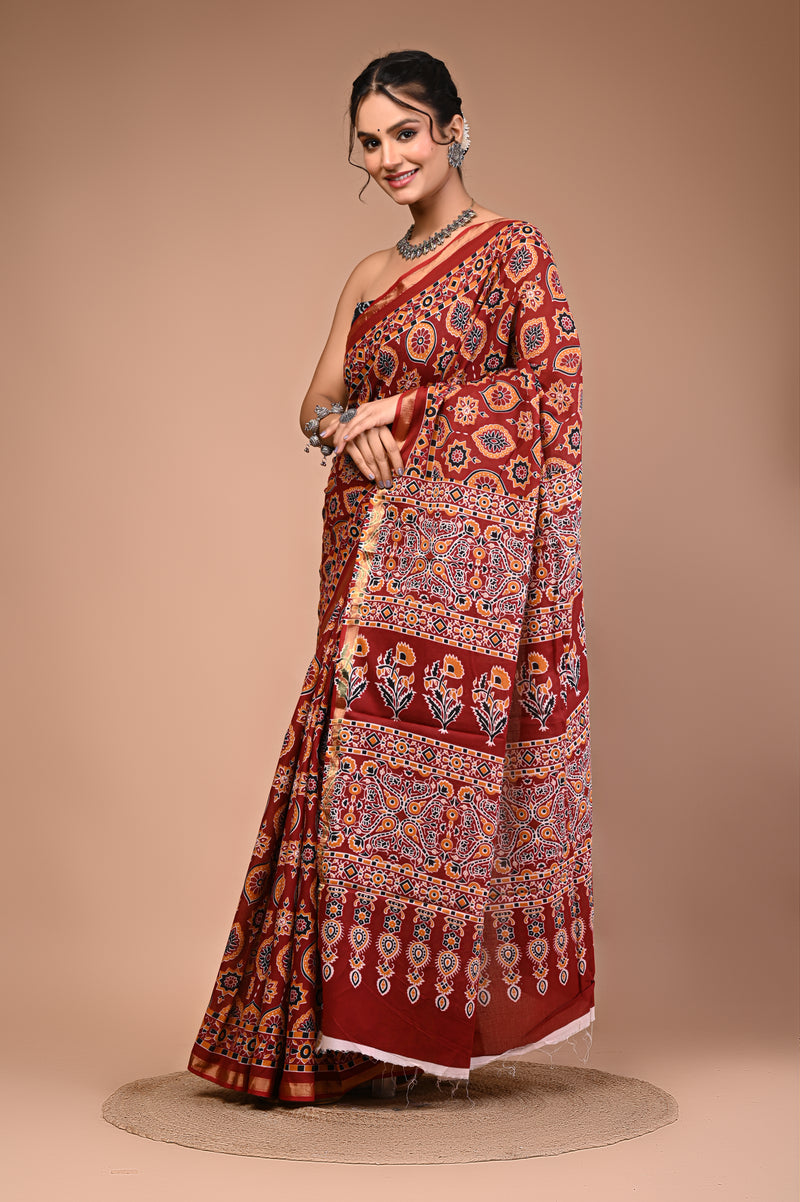 Lovwear Maroon Ajrakh Multi Cotton MulMul Saree with Zari Border - Pleats & Full Length View