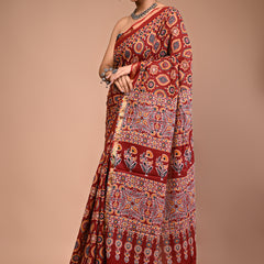 Lovwear Maroon Ajrakh Multi Cotton MulMul Saree with Zari Border - Pleats & Full Length View
