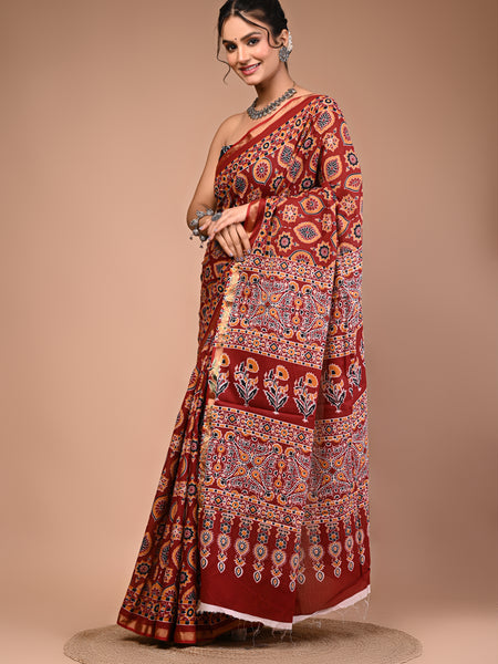 Lovwear Maroon Ajrakh Multi Cotton MulMul Saree with Zari Border - Pleats & Full Length View