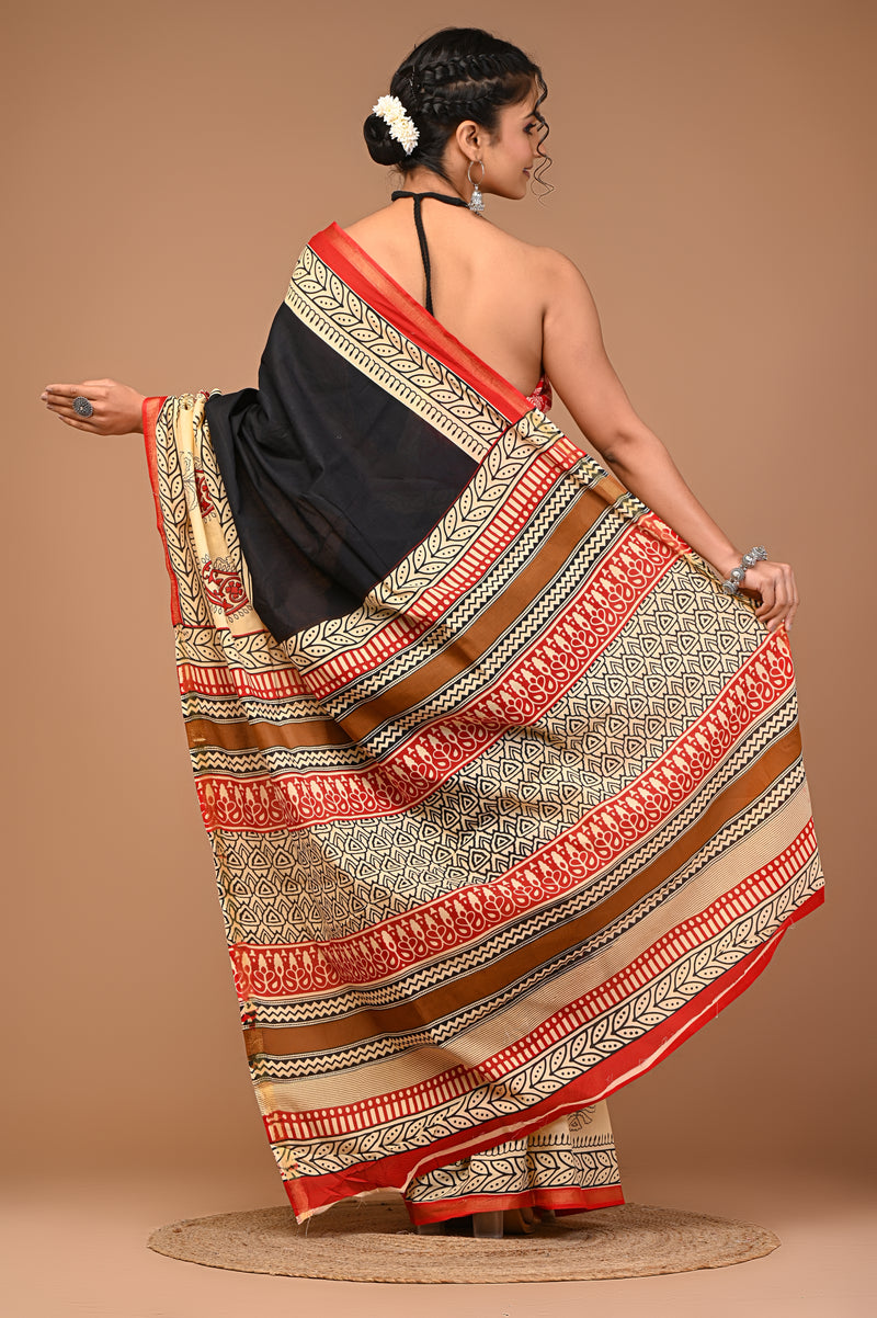 Lovwear Black Multi Ethnic Motif Cotton MulMul Saree with Zari Border - Front View