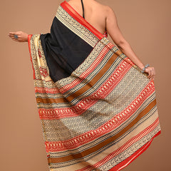 Lovwear Black Multi Ethnic Motif Cotton MulMul Saree with Zari Border - Front View