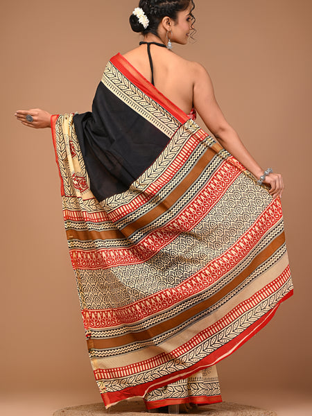 Lovwear Black Multi Ethnic Motif Cotton MulMul Saree with Zari Border - Front View