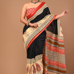 Lovwear Black Multi Ethnic Motif Cotton MulMul Saree with Zari Border - Pallu & Border Detail View
