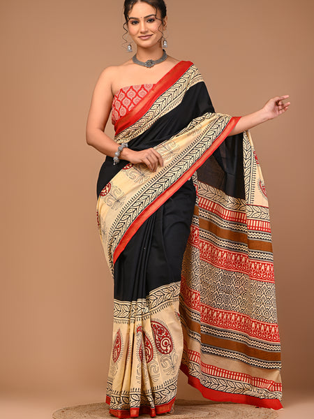 Lovwear Black Multi Ethnic Motif Cotton MulMul Saree with Zari Border - Pallu & Border Detail View