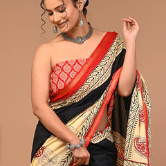 Lovwear Black Multi Ethnic Motif Cotton MulMul Saree with Zari Border - Fabric Texture View