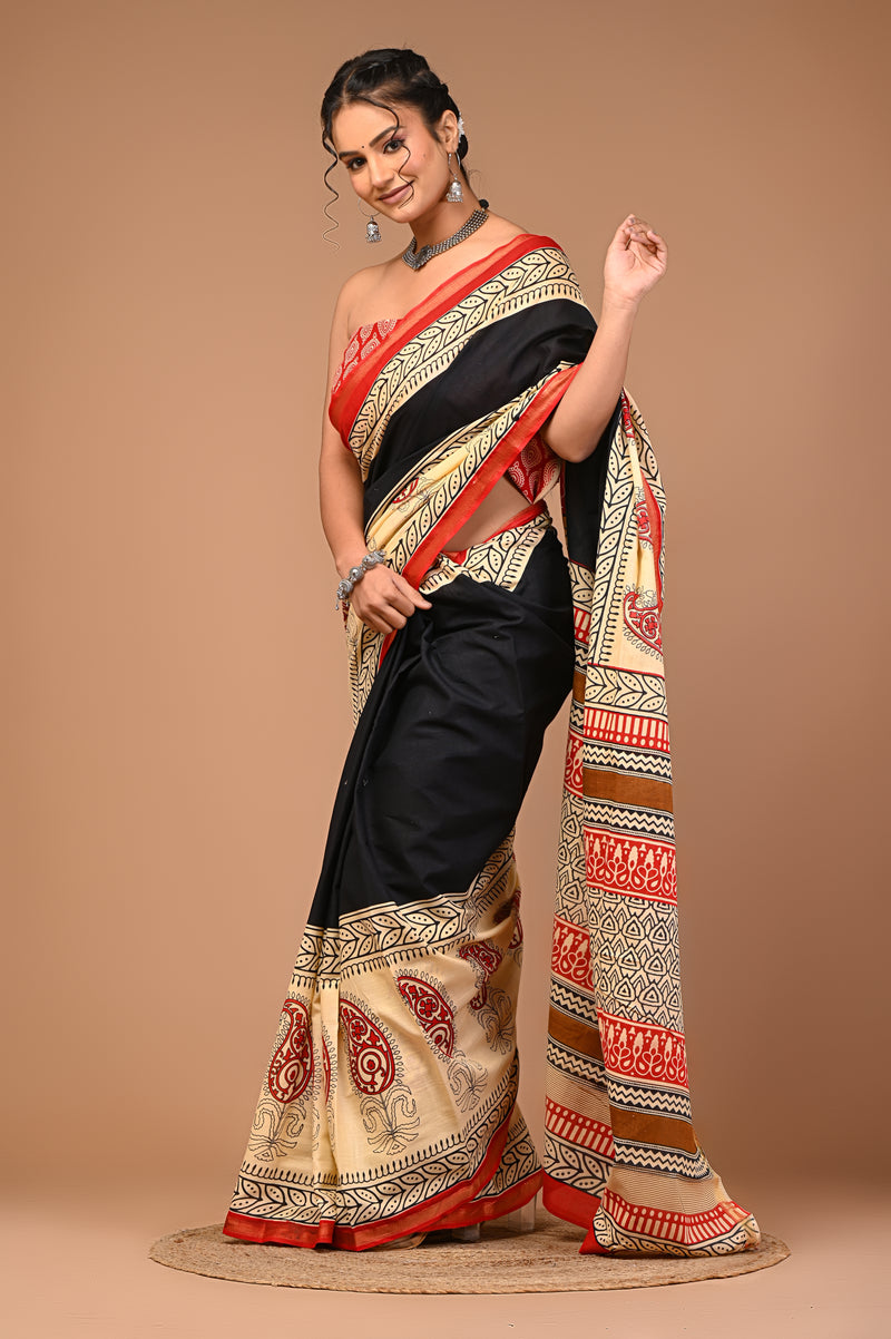 Lovwear Black Multi Ethnic Motif Cotton MulMul Saree with Zari Border - Pleats & Full Length View
