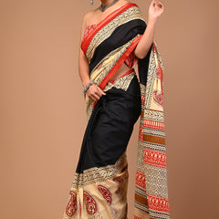 Lovwear Black Multi Ethnic Motif Cotton MulMul Saree with Zari Border - Pleats & Full Length View