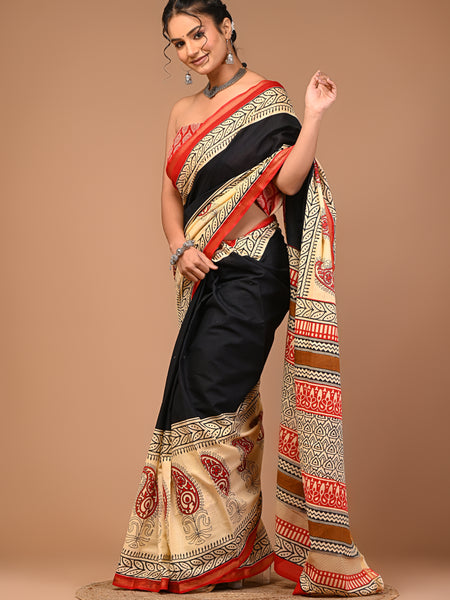 Lovwear Black Multi Ethnic Motif Cotton MulMul Saree with Zari Border - Pleats & Full Length View
