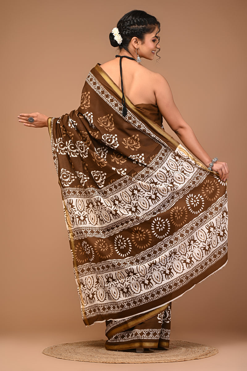 Lovwear Brown Classic Boota Cotton MulMul Saree with Zari Border - Front View