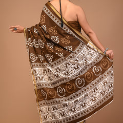 Lovwear Brown Classic Boota Cotton MulMul Saree with Zari Border - Front View