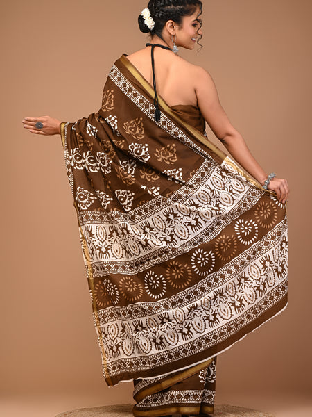 Lovwear Brown Classic Boota Cotton MulMul Saree with Zari Border - Front View