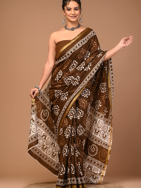 Lovwear Brown Classic Boota Cotton MulMul Saree with Zari Border - Pallu & Border Detail View