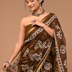 Lovwear Brown Classic Boota Cotton MulMul Saree with Zari Border - Fabric Texture View