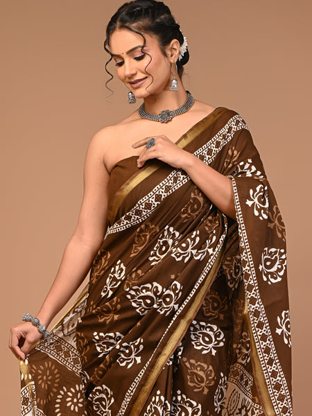Lovwear Brown Classic Boota Cotton MulMul Saree with Zari Border - Fabric Texture View