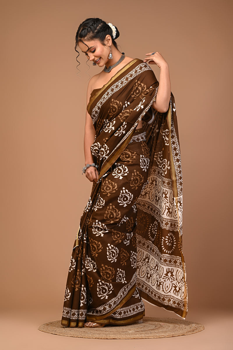 Lovwear Brown Classic Boota Cotton MulMul Saree with Zari Border - Pleats & Full Length View