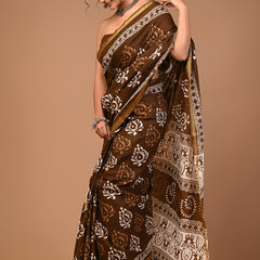 Lovwear Brown Classic Boota Cotton MulMul Saree with Zari Border - Pleats & Full Length View