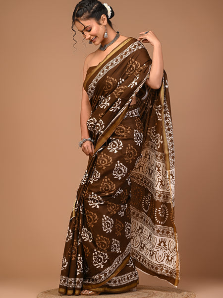 Lovwear Brown Classic Boota Cotton MulMul Saree with Zari Border - Pleats & Full Length View