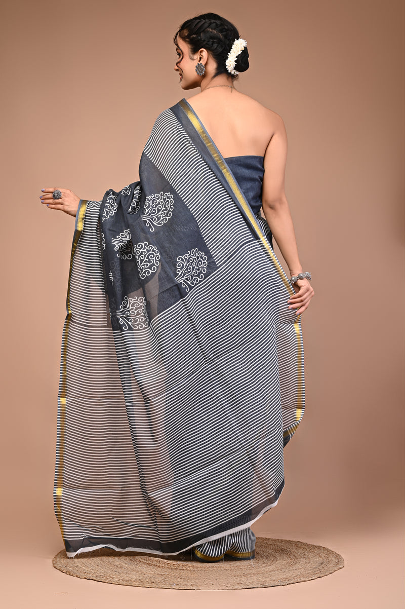 Lovwear Grey Angoor Vine Cotton MulMul Saree with Zari Border - Front View