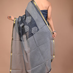 Lovwear Grey Angoor Vine Cotton MulMul Saree with Zari Border - Front View
