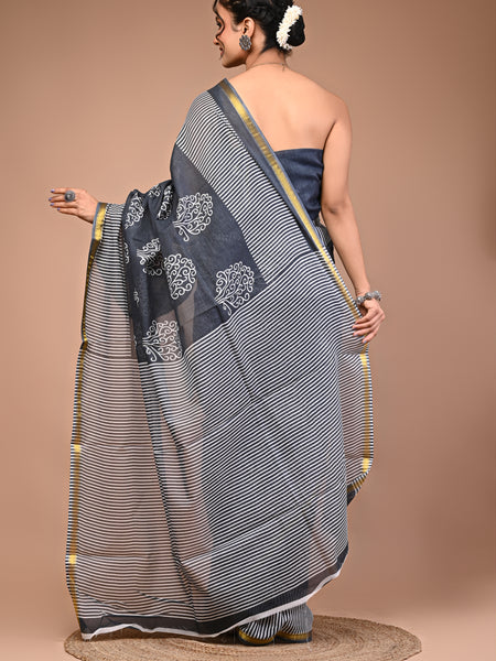 Lovwear Grey Angoor Vine Cotton MulMul Saree with Zari Border - Front View
