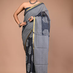 Lovwear Grey Angoor Vine Cotton MulMul Saree with Zari Border - Pallu & Border Detail View