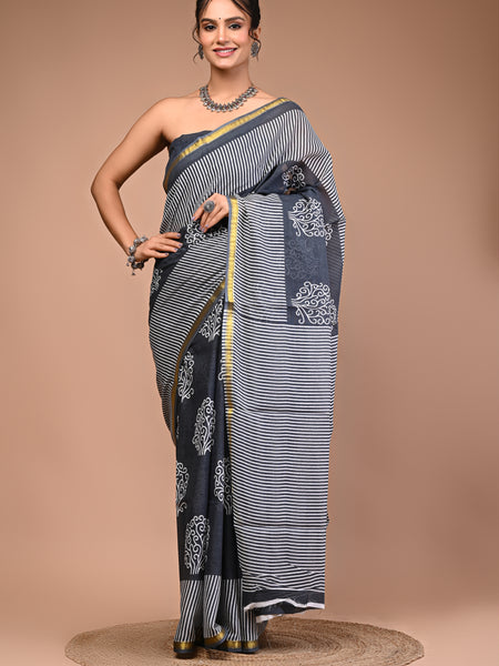 Lovwear Grey Angoor Vine Cotton MulMul Saree with Zari Border - Pallu & Border Detail View