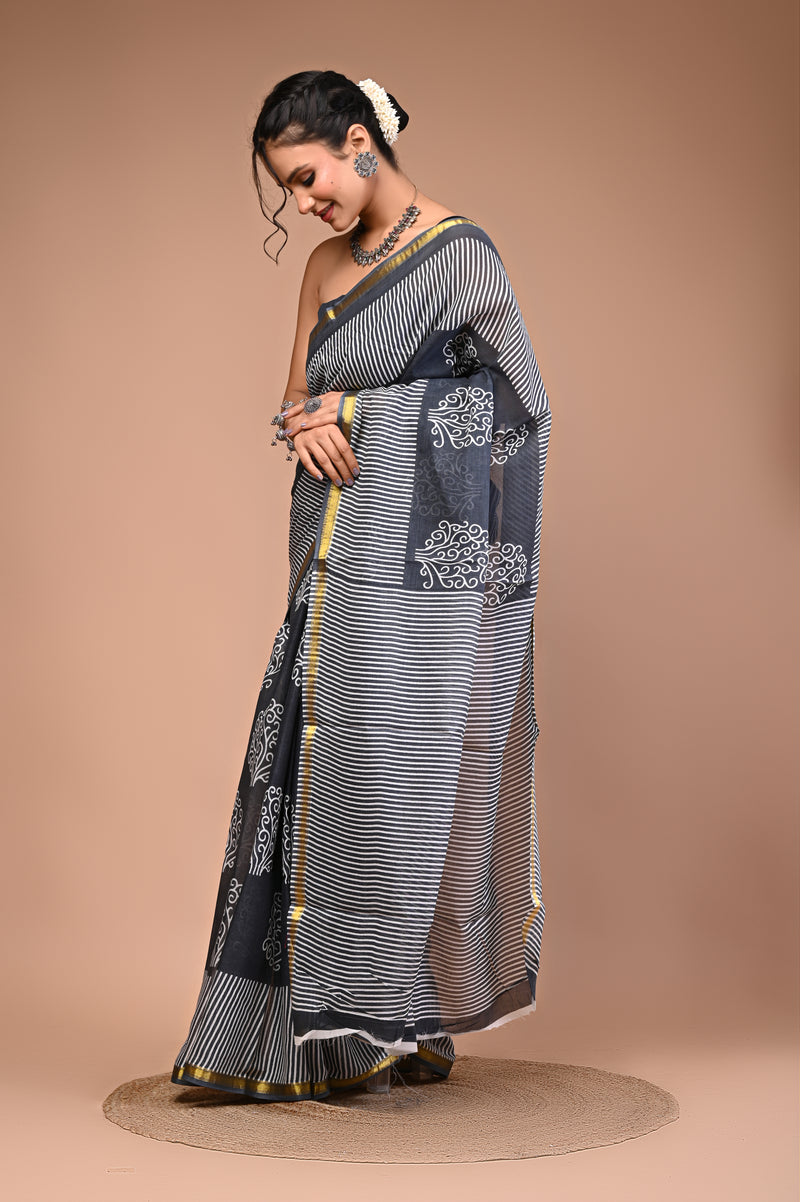 Lovwear Grey Angoor Vine Cotton MulMul Saree with Zari Border - Pleats & Full Length View