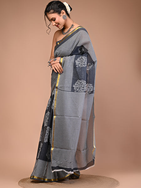 Lovwear Grey Angoor Vine Cotton MulMul Saree with Zari Border - Pleats & Full Length View