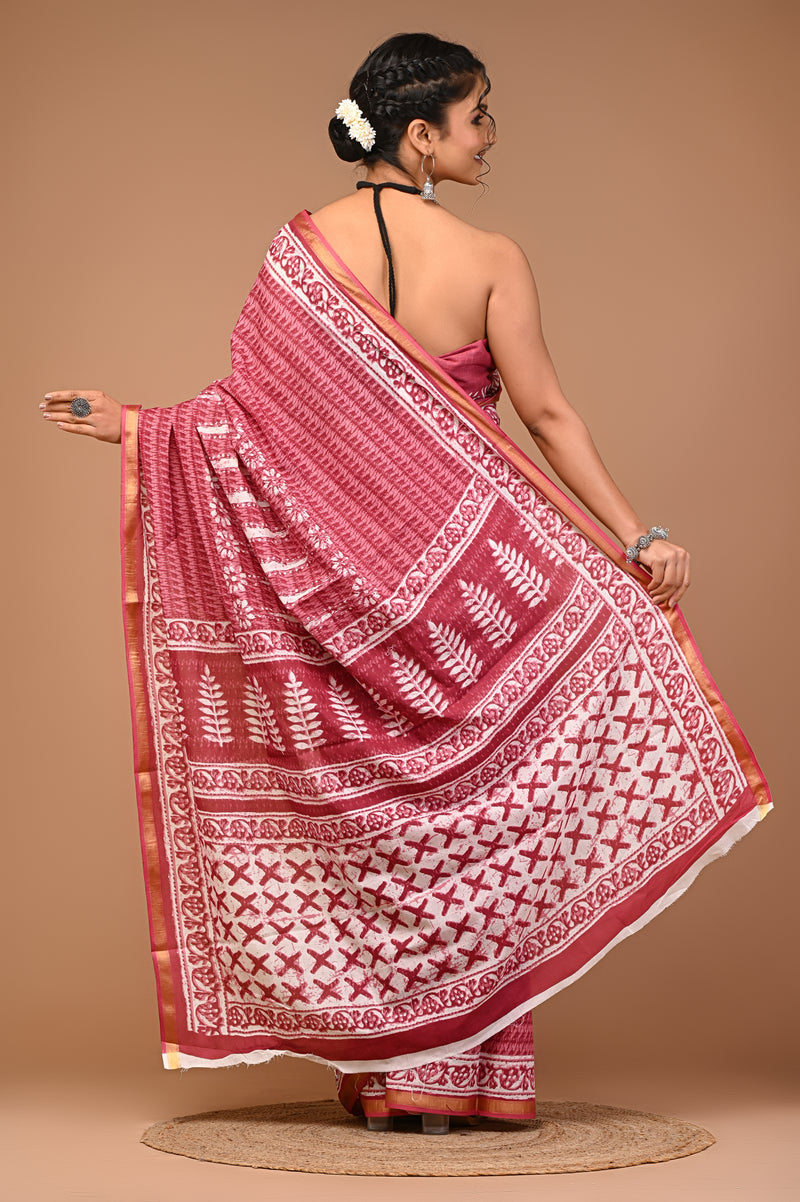 Lovwear Pink Putai Print Cotton MulMul Saree with Zari Border - Front View