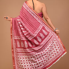 Lovwear Pink Putai Print Cotton MulMul Saree with Zari Border - Front View