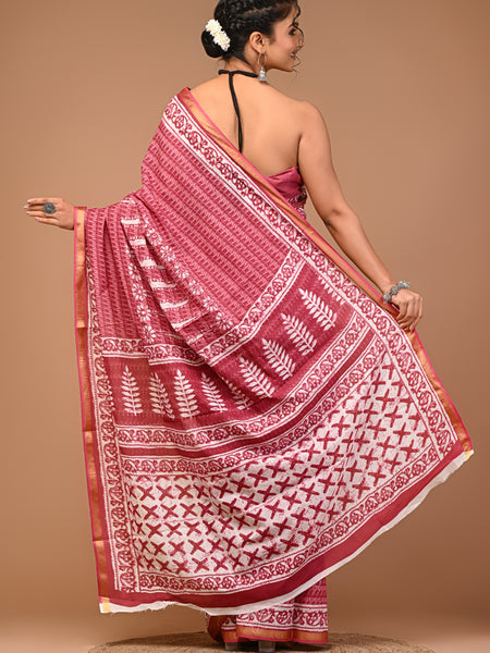 Lovwear Pink Putai Print Cotton MulMul Saree with Zari Border - Front View