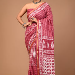 Lovwear Pink Putai Print Cotton MulMul Saree with Zari Border - Pallu & Border Detail View