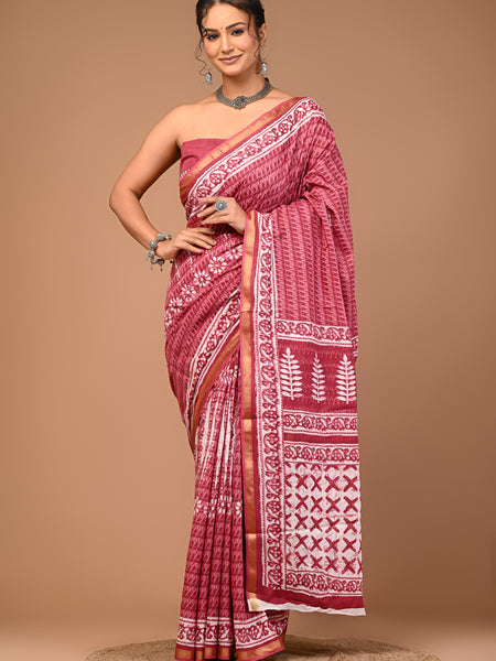 Lovwear Pink Putai Print Cotton MulMul Saree with Zari Border - Pallu & Border Detail View