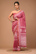 Lovwear Pink Putai Print Cotton MulMul Saree with Zari Border