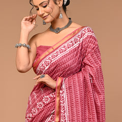 Lovwear Pink Putai Print Cotton MulMul Saree with Zari Border - Fabric Texture View