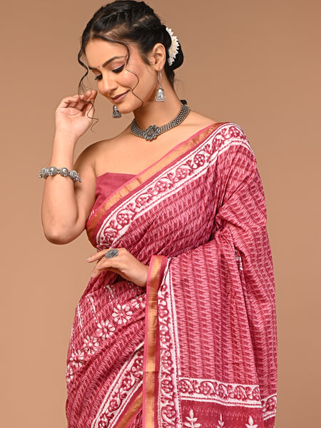 Lovwear Pink Putai Print Cotton MulMul Saree with Zari Border - Fabric Texture View