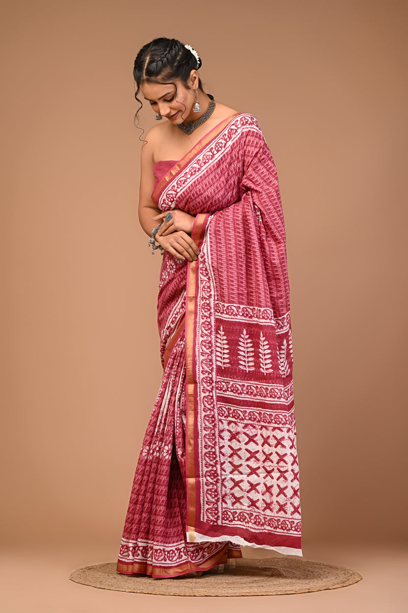 Lovwear Pink Putai Print Cotton MulMul Saree with Zari Border - Pleats & Full Length View